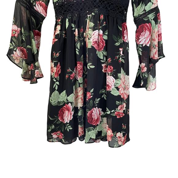 Y2K BCX Babydoll Sheer Bell Sleeve Floral Mini Dress Black Multi 3 Whimsigoth - Picture 4 of 12